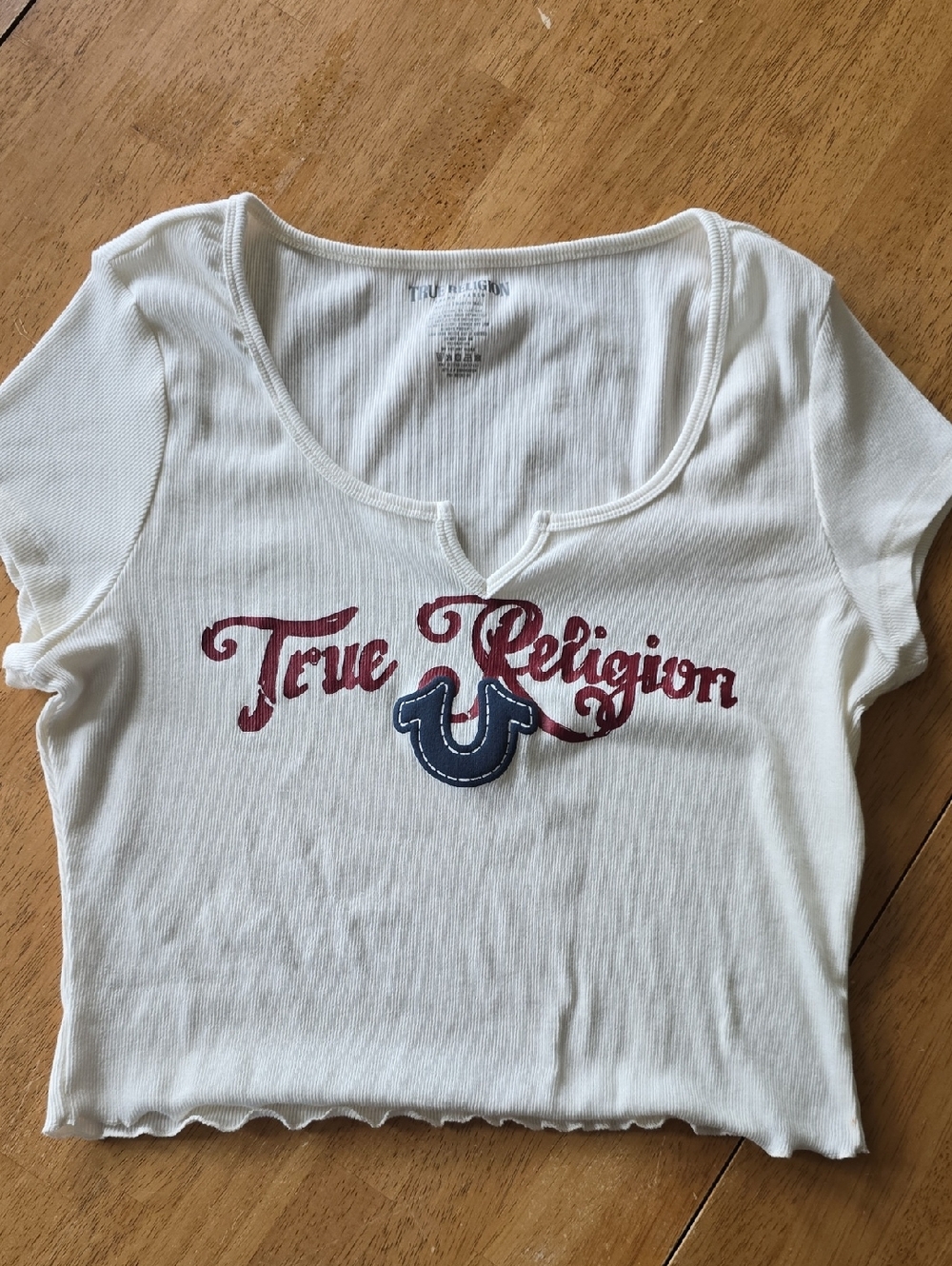 True Religion White Crop Tee with Red Script & Navy Horseshoe